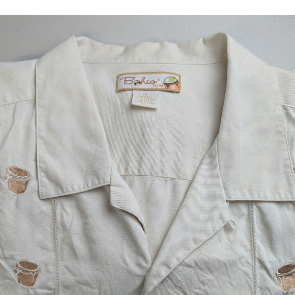 Vtg Silk Camp Shirt Beige Embroidered Drums Novelty Lightweight Vacation Mens XL